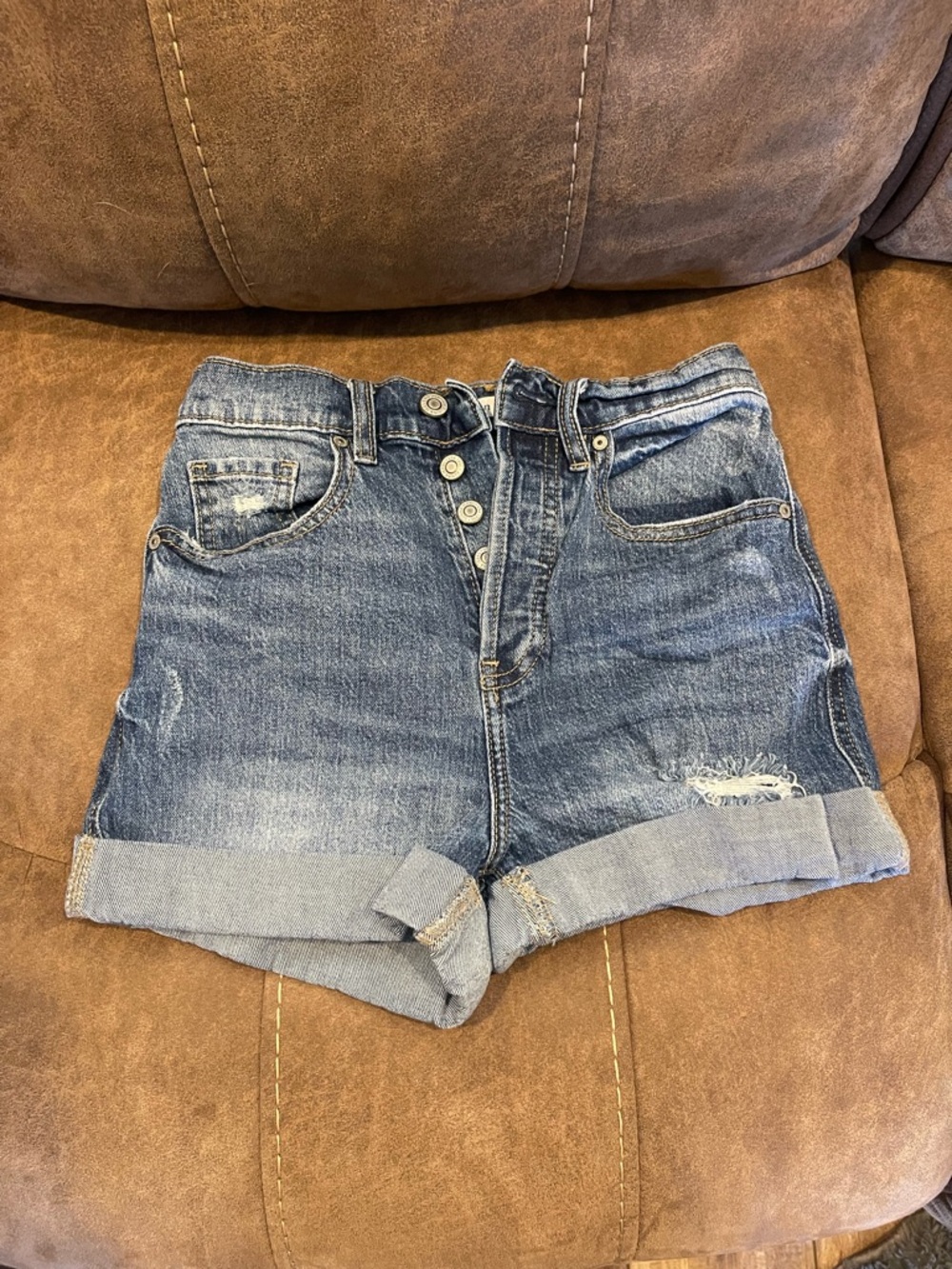 eunina Distressed Light Blue Rolled Hem Denim Shorts